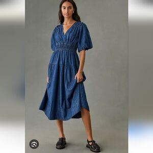 Pilcro Smocked Puff-Sleeve Denim Cotton Dress Size Small